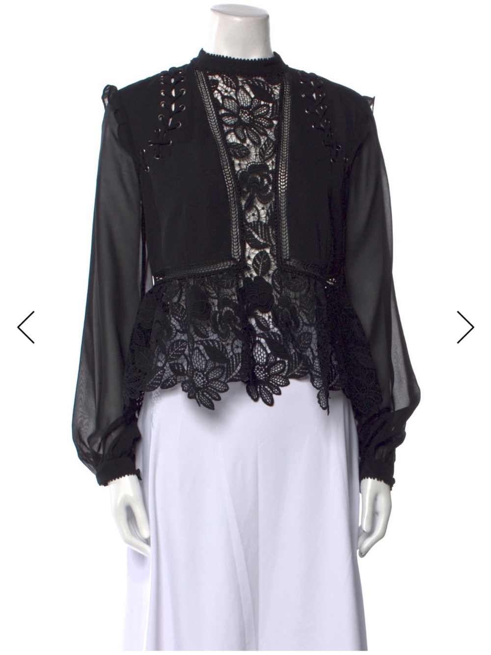 Self-Portrait Black Lace Peplum Blouse with Sheer Sleeves